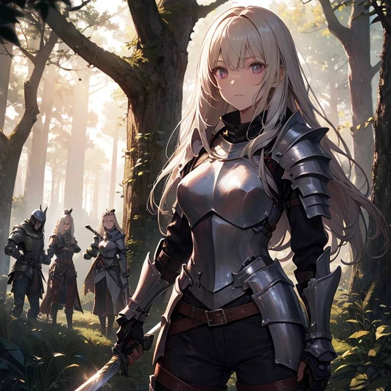 A group of  female knight, (in forest), various hair styles, harem, wearing armored clothes, metal armor, night, details face, , shorts, seducing, sword,  