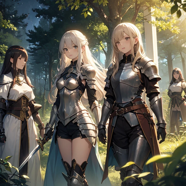A group of female knight, (in forest), various hair styles, harem, wearing armored clothes, metal armor, night, details face, , shorts, seducing, sword,