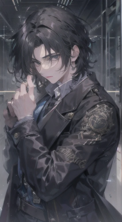 (highest resolution, clear_image) highest quality, ((two men)), support each other, masterpiece, high detail, semi-realistic, black hairのショートヘア, black hair, bangs, mature, young, tall and strong, The right hand torso is wearing a black coat, strict and serious, tall and handsome, majestic and powerful, have an exquisite face, ((With X-ray mirror))