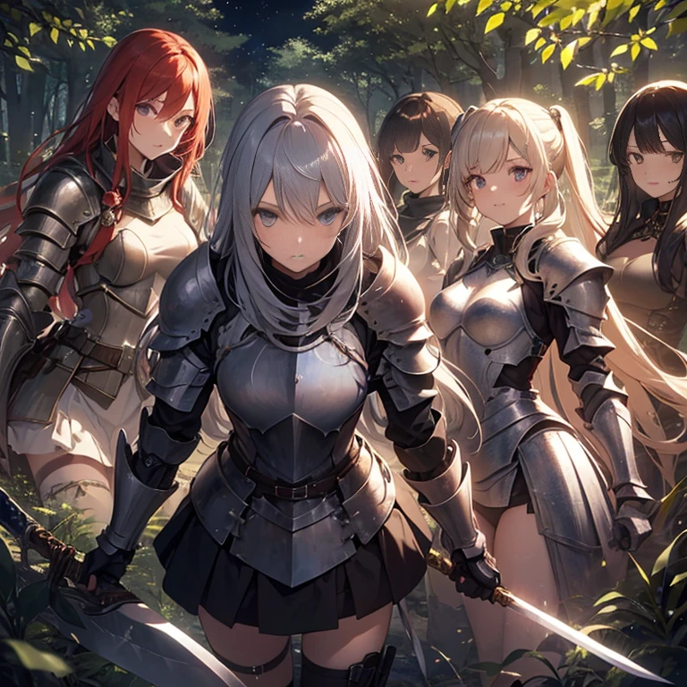 A group of female knight, (in forest), various hair styles, harem, wearing armored clothes, metal armor, night, details face, , short skirt, seducing, sword