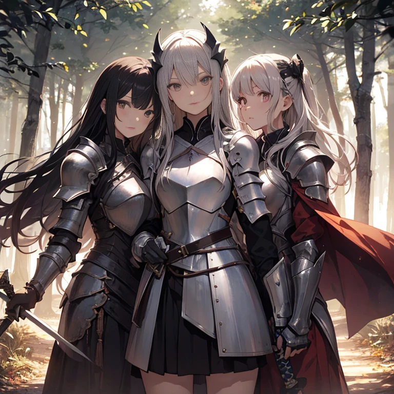A group of female knight, (in forest), various hair styles, harem, wearing armored clothes, metal armor, night, details face, , short skirt, seducing, sword