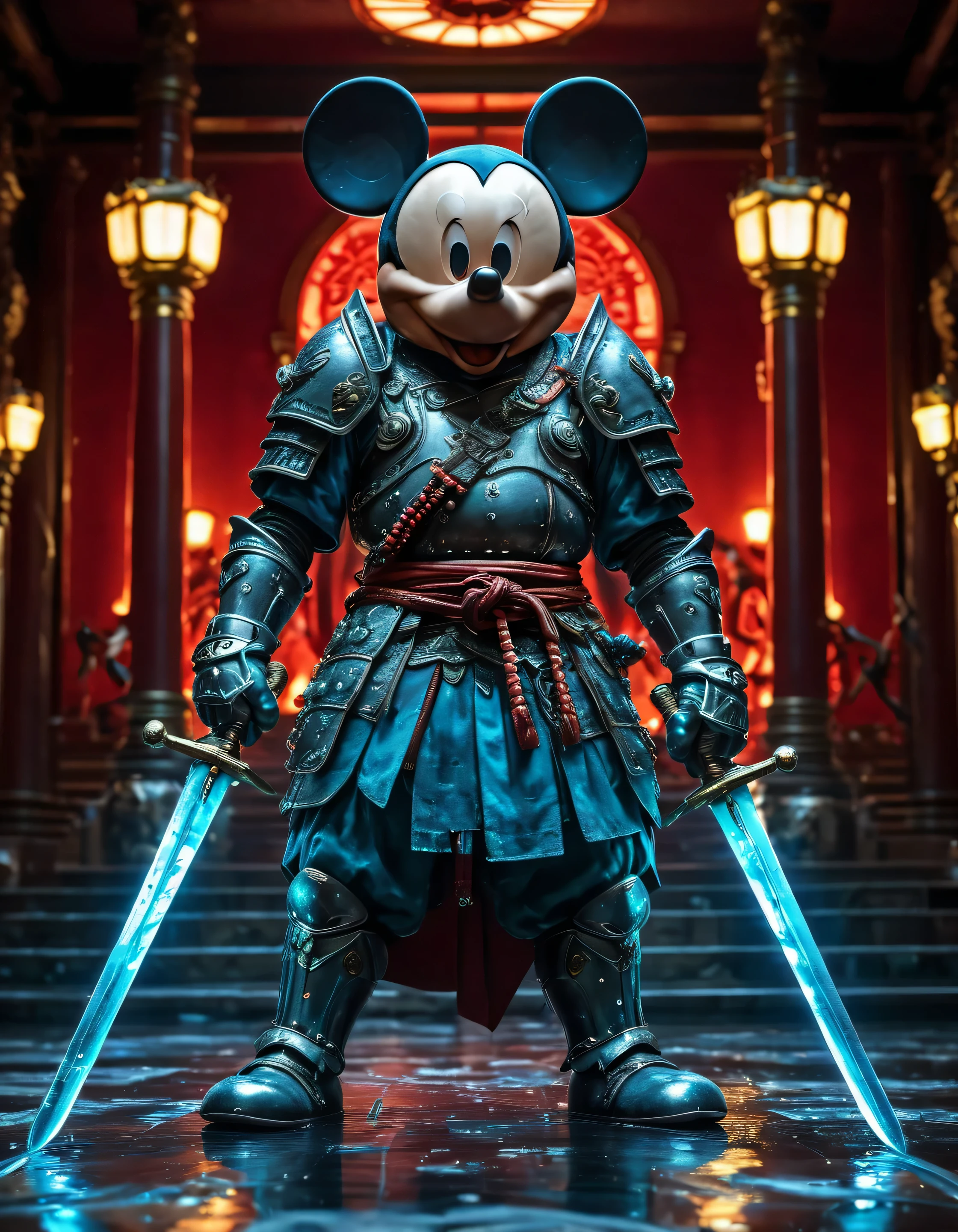 (masterpiece, best-quality:1.2) Photo of a [aquamarine-statue] of mickey-mouse as a samurai (war-god) displayed in a (museum) lotus holding (skulls, Dual Swords) (leather-armor) (shoulder-plates) (low-angle) quarter-view  isometric intricate powerful, menacing focused professional lighting (detailed highres  high saturation UHD) red