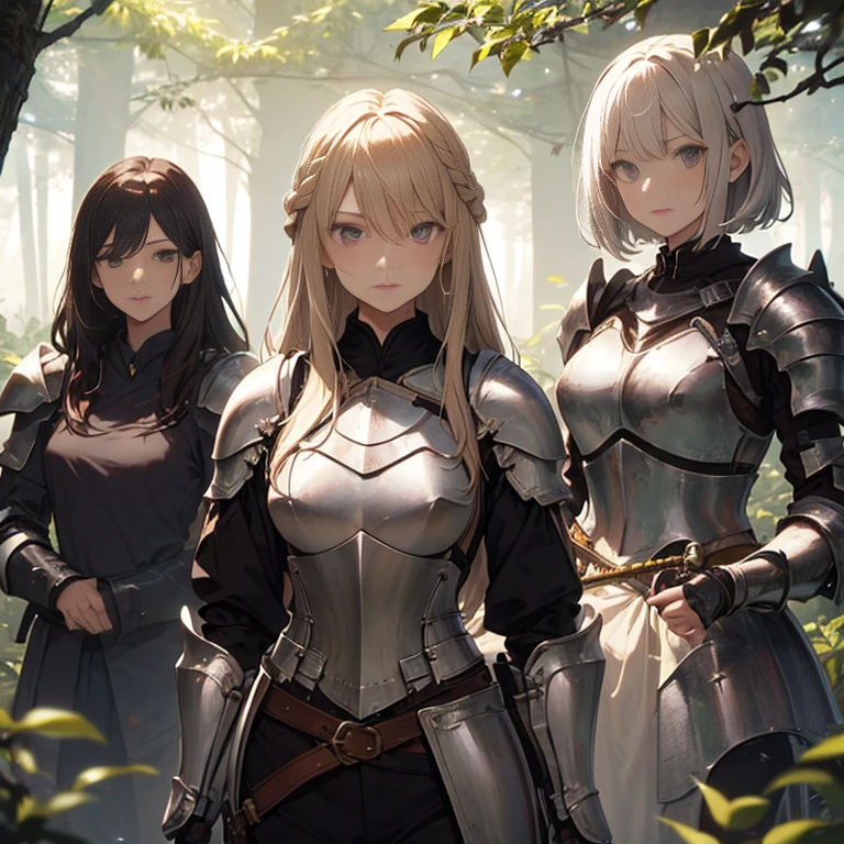 A group of  female knight, (in forest), various hair styles, harem, wearing armored clothes, metal armor, night, details face, , trousers, seducing, sword 