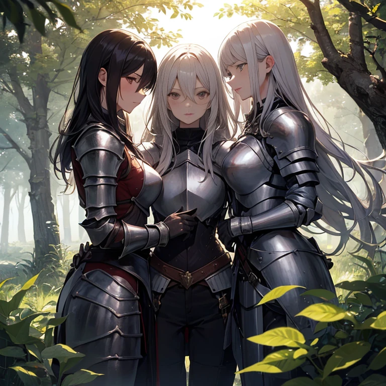 A group of female knight, (in forest), various hair styles, harem, wearing armored clothes, metal armor, night, details face, , trousers, seducing, sword