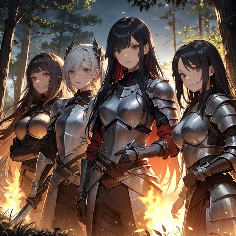 A group of  female knight, (in forest), various hair styles, harem, wearing armored clothes, metal armor, night, details face, , trousers, seducing, sword 