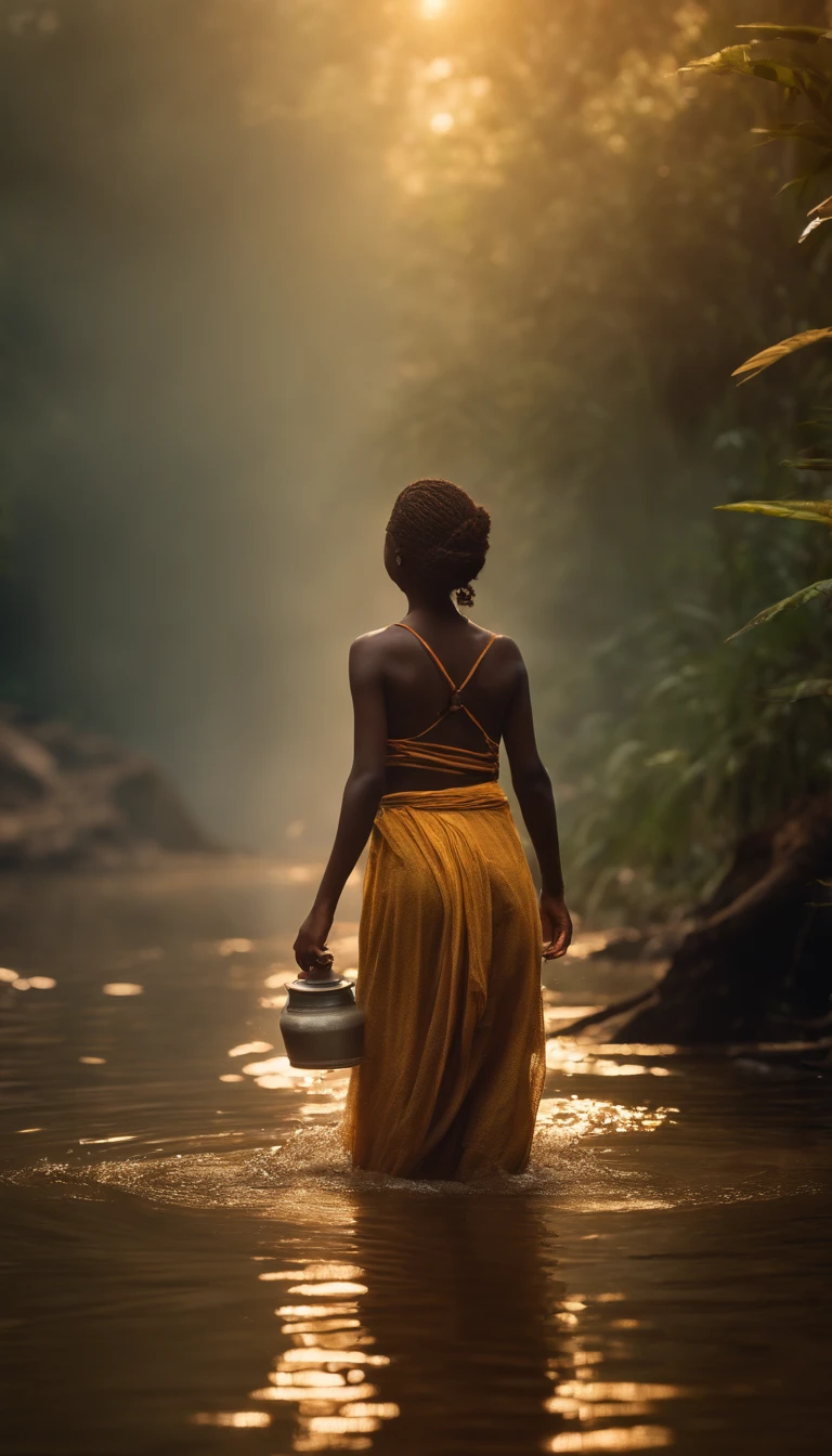 Undine, water spirit poor african girl fetching water, rainforest, on background forest wildfires, RAW photo, fov, lens flare, god rays, overglaze, volumetric fog, cinematic light, depth of field, epic, realism, wallpaper, detailed, small details, intrincate, 8k hdr, golden ratio, asymmetry, masterpiece, best quality