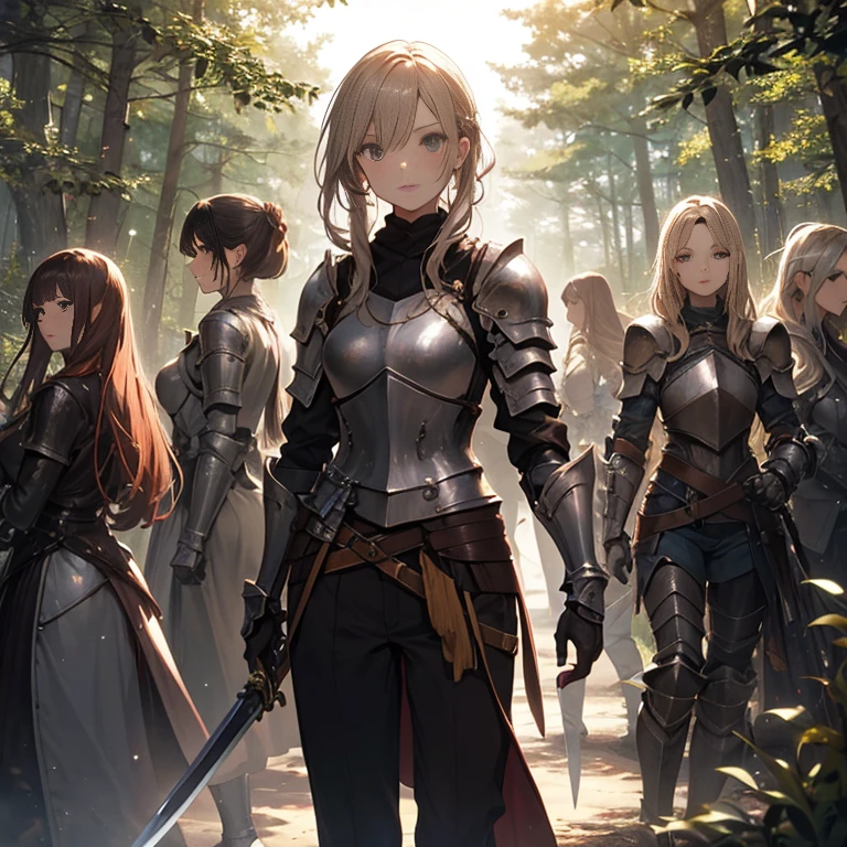 A group of  female knight, (in forest), various hair styles, harem, wearing armored clothes, metal armor, night, details face, , trousers, seducing, sword 