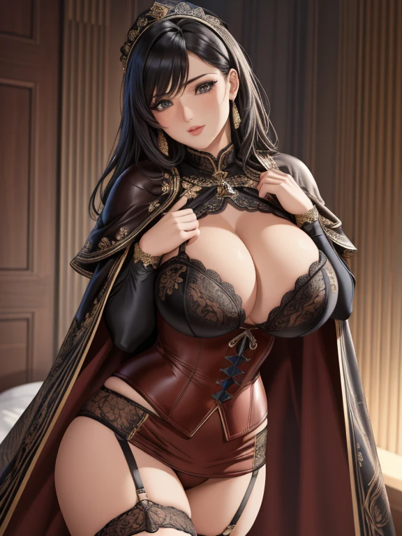 (best quality, masterpieces, big breasts, detailed skin texture, intricate fabric texture, detailed face, extremely detailed, 8K, complex details, 1 girl, detailed eyes, sexy undercup bra, lace corset, lace waist curtain, high-heeled long leather boots, long cape, striking pose, (accurate depiction of each part of the hands, wrists, and feet, depicted with great care))