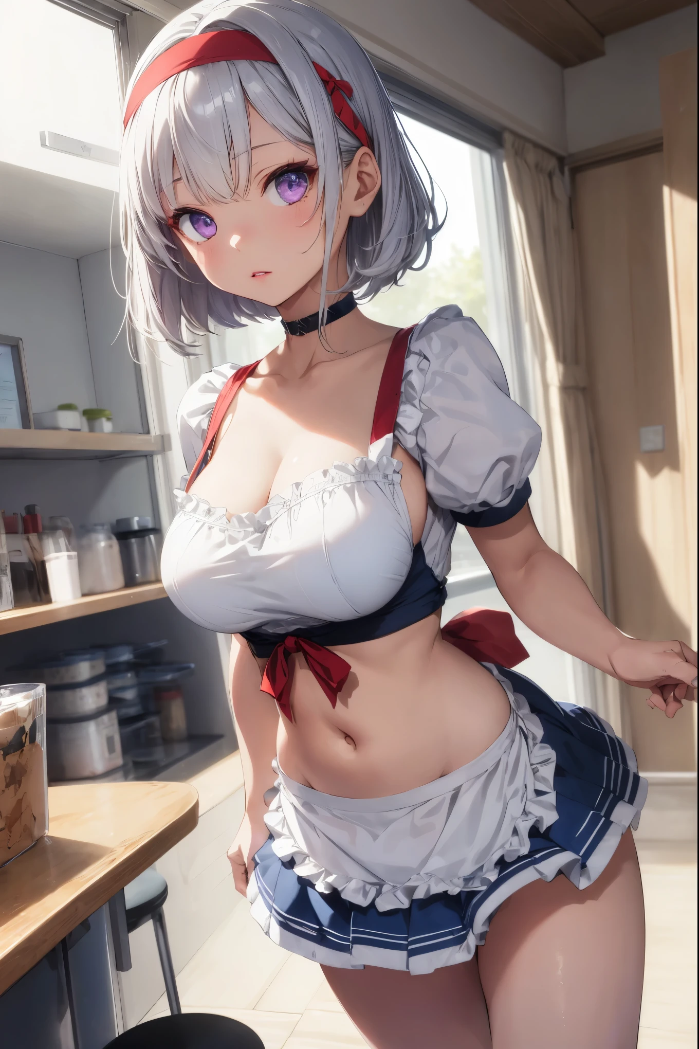masterpiece,best quality,ultra-detailed,extremely detailed CG,high resolution,super detailed skin,perfect anatomy,trompe-l'?il illusionistic detail,cowboy shot,purple eyes,lipstick,eyeliner,eyeshadow,slender,shiny skin,medium breasts,bob cut,silver hair,shiny hair,
BREAK (white and blue theme:1.4), (cute diner clerk costume:1.3), (short puff sleeve white crop top with plunking neckline:1.4), (ruffles on neckline:1.3), ((collarbone, stomach, emphasize breast cleavage):1.3), (A-line blue miniskirt with ruffles:1.3), (wearing a white half-apron over a A-line skirt:1.4), (sports shoes:1.2),
BREAK (red headband with red ribbon:1.3), (red ribbon on hair:1),
BREAK
(bedroom:1.4)