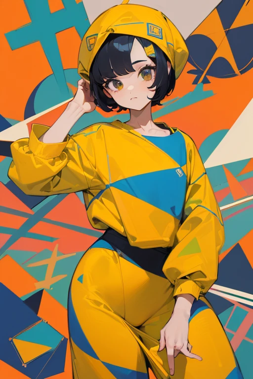 ((obra de arte)), ((Melhor qualidade)), (super detalhado), complex geometric pattern background, cor escura, bonitinho , (desdenhoso), short messy bob, desviando o olhar, camiseta branca larga, camisa estampada, roupas folgadas, retro,