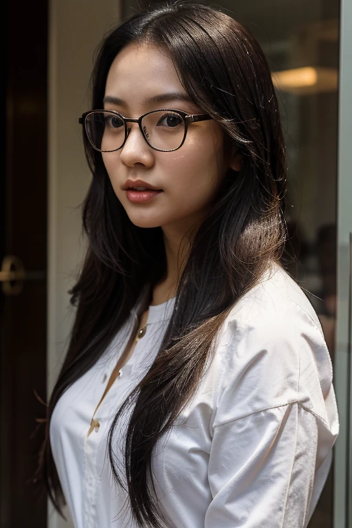 Light Skin, tall Chinese young girl wearing glasses, breasts, long black hair