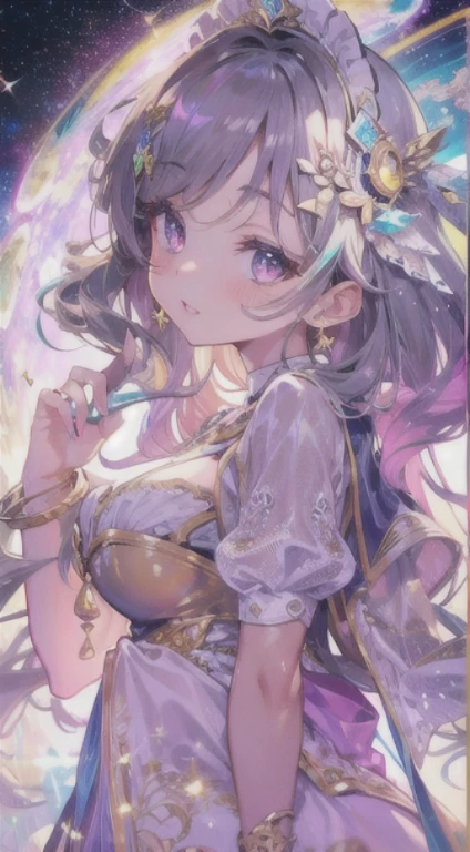 masterpiece, highest quality, masterpiece, divine quality, godlike art, highly detailed face, full body, very realistic, cute, young girl, Big eyes, long eyelashes, colorful hair, multicolored eyes, shiny skin, lip whole, big lips, shiny skin, blush, Nice views, in space, starry sky background, performer, dazzling light, colorful light, Maid clothes