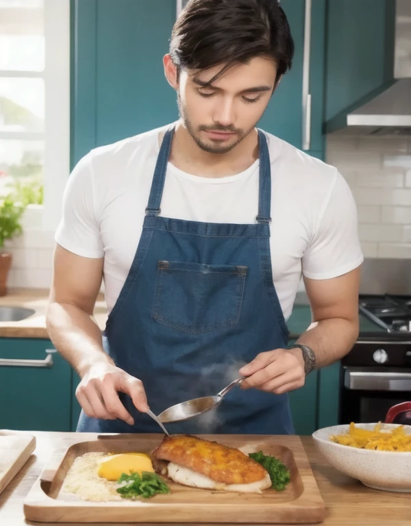 A sexy indian chef, cooking, wearing apron , homoerotic ,best quality photo, seductive expression,penis coming out of his apron