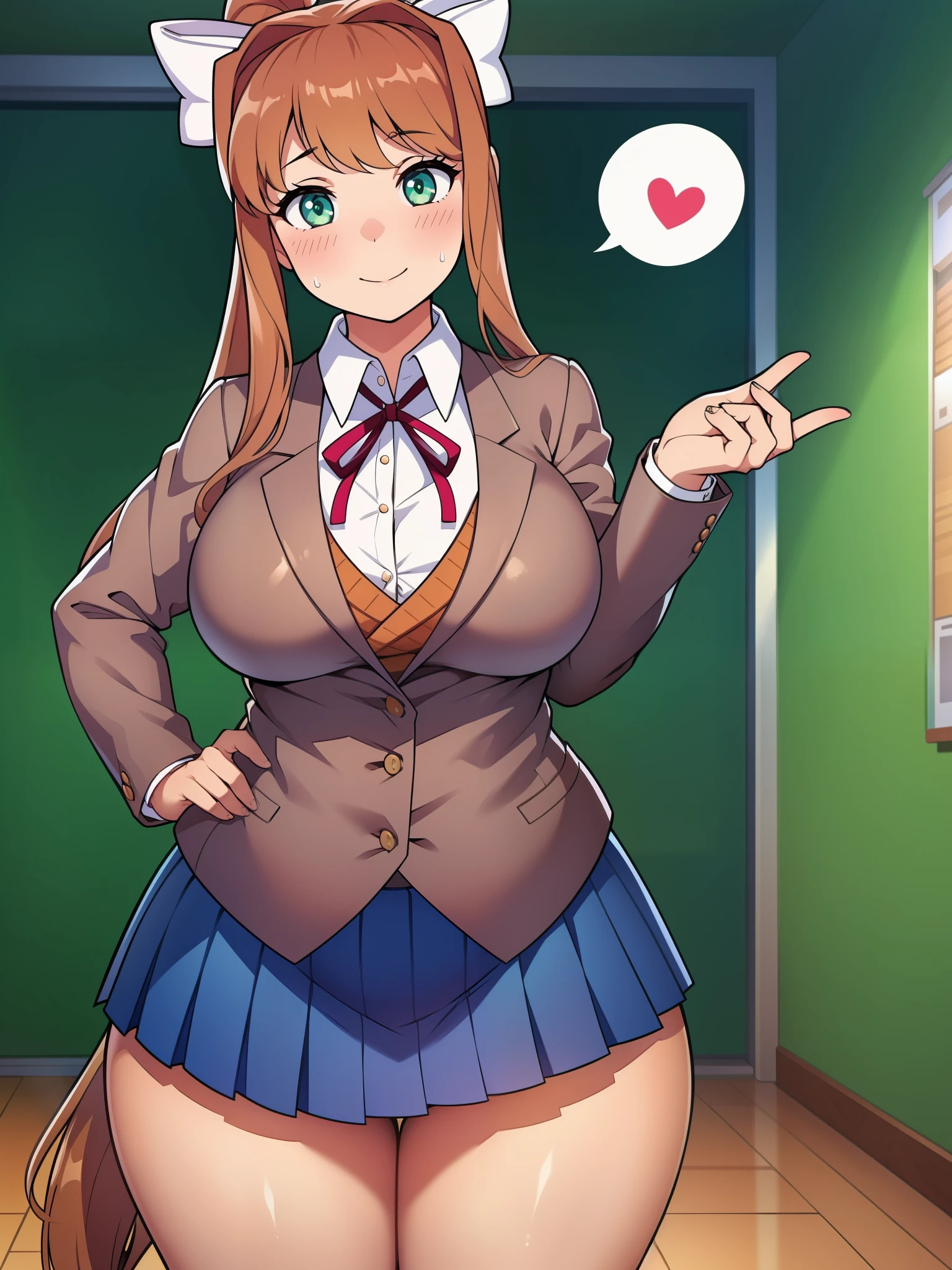 Masterpiece, high quality, best quality, beautiful, HD, perfect lighting, detailed face, detailed body, ultra cute face, cowboy shot 1.5, tuned to the side, ((1girl)), ((solo)), cute pose, (Monika),

 brown hair, green eyes, very long hair, ponytail, (white bow), blazer, brown sweater, collared shirt, neck ribbon, blue skirt, school classroom, looking at viewer, (blush),

sweet smile, affectionate, nervous sweat, medium breasts, perky breasts, wide hips, ((thick thighs)), chubby, spoken heart,