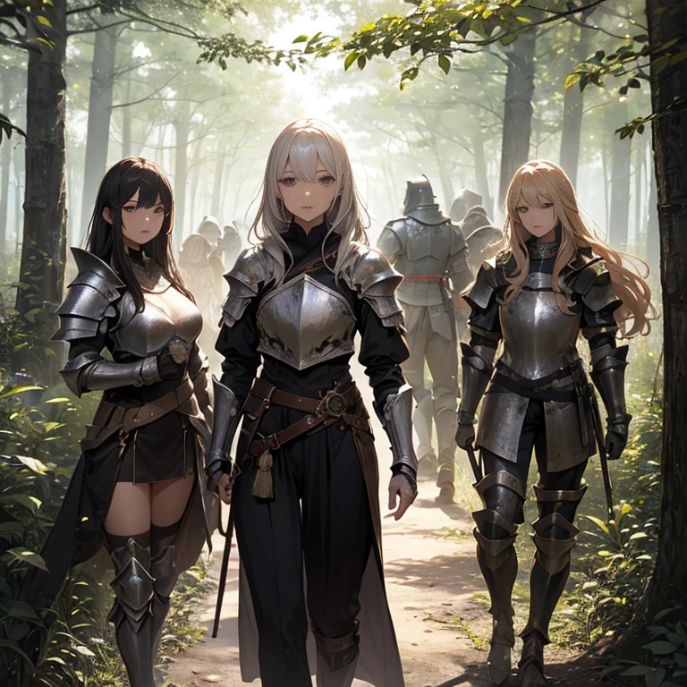 A group of female knight, (in forest), various hair styles, harem, wearing armored clothes, metal armor, night, details face, , trousers, seducing, sword