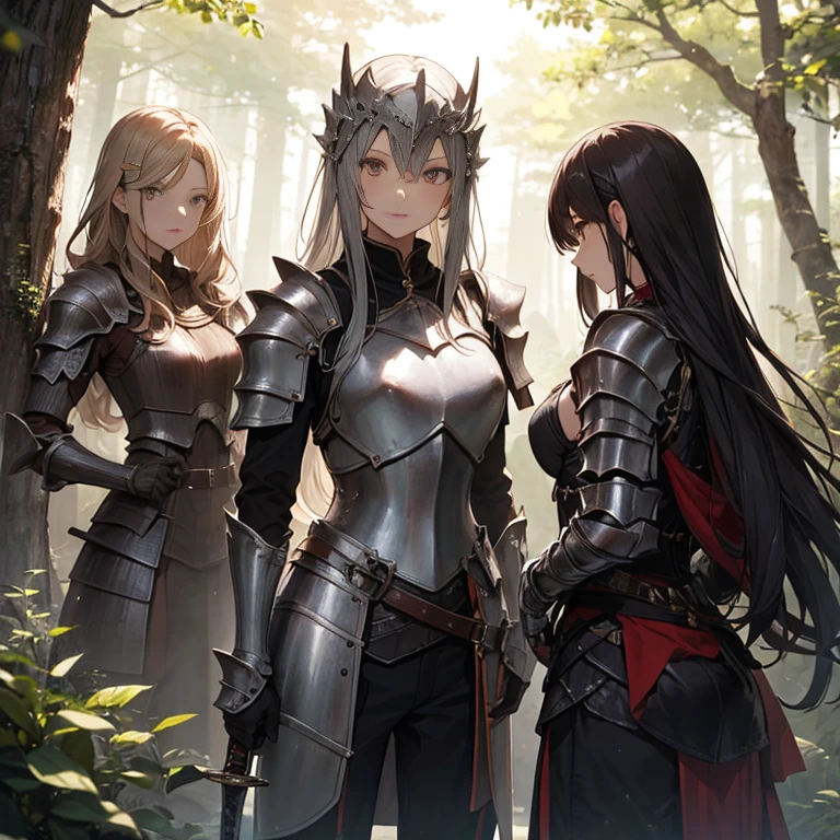 A group of female knight, (in forest), various hair styles, harem, wearing armored clothes, metal armor, night, details face, , trousers, seducing, sword