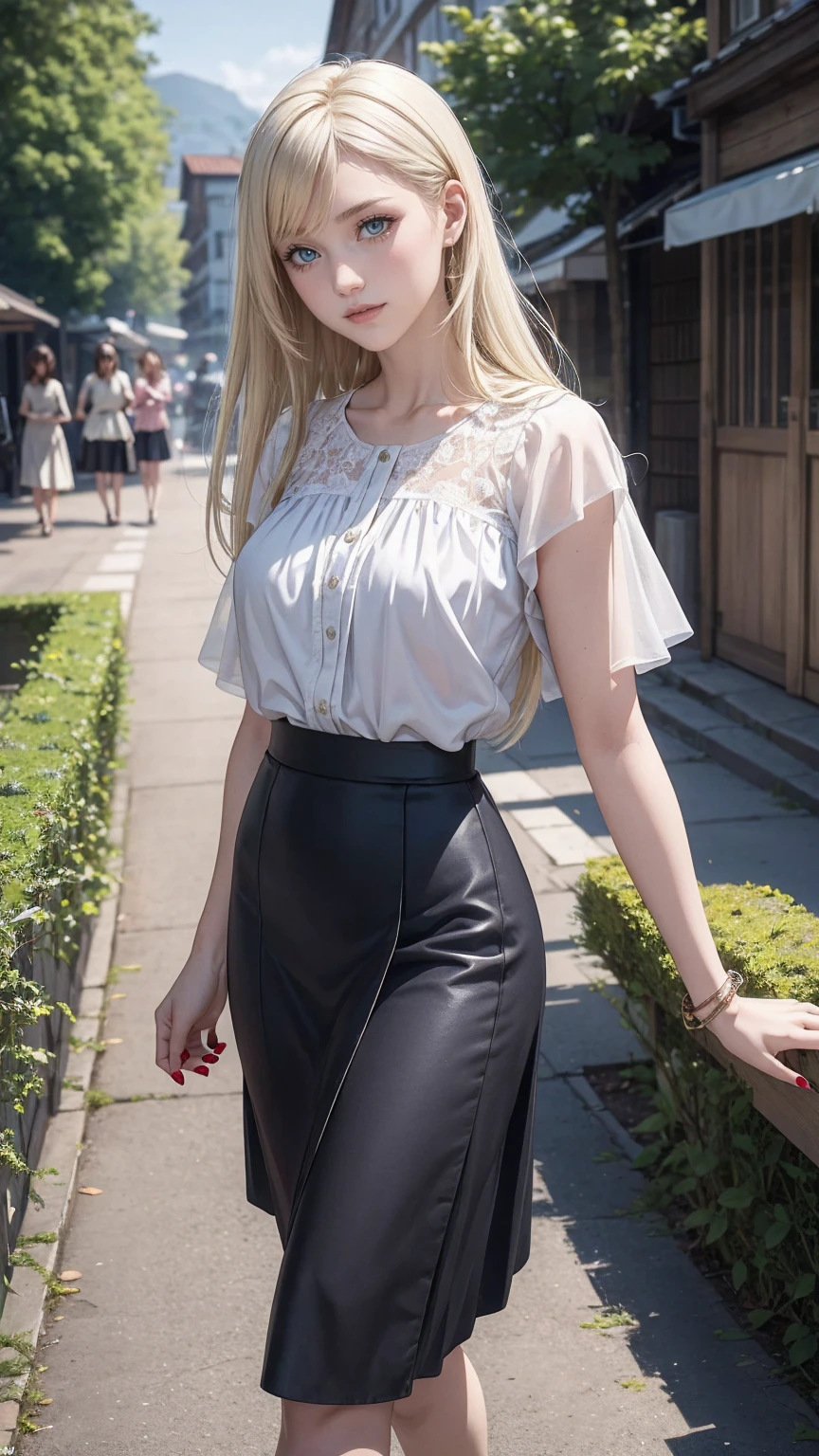 ((最high quality, 8K, masterpiece: 1.3, Ultra HD, high quality, 最high quality, High resolution, realism)) 、25 year old white woman、platinum blonde、blue eyes、long hair、、hair above one eye、、smile、slender、slenderでありながらアスリートのような細マッチョの身体、I don't want my head to disappear from the screen.、Accessorize your wrist、Wearing red nail polish、I have a peticure、Smock Blouse((smock blouse))wear、straight skirt((straight skirt))Wear、Wear high heels、I'm in the intricate passageways of the old town.、There is a masonry wall covered with ivy