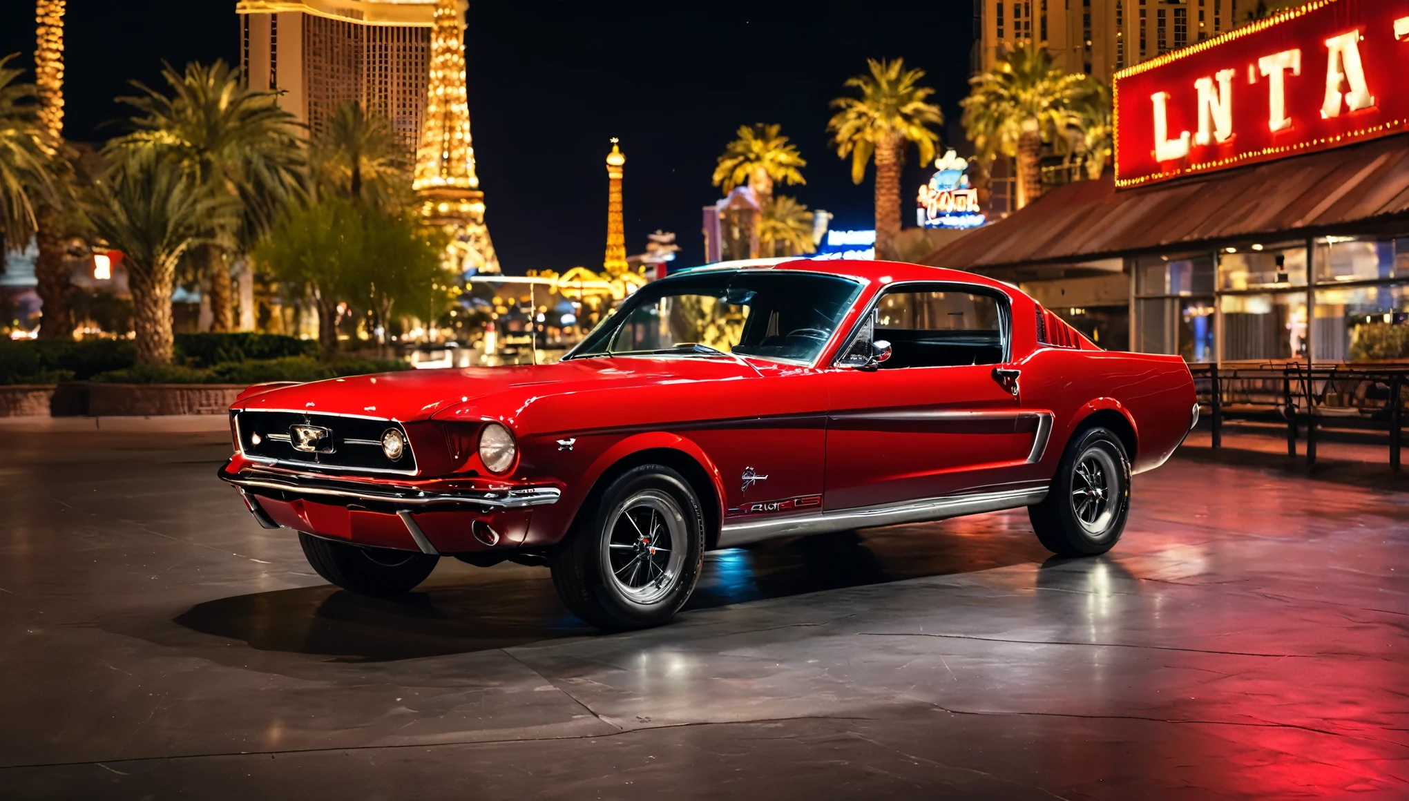 Photo of a classic red mustang car parked in las vegas strip at night