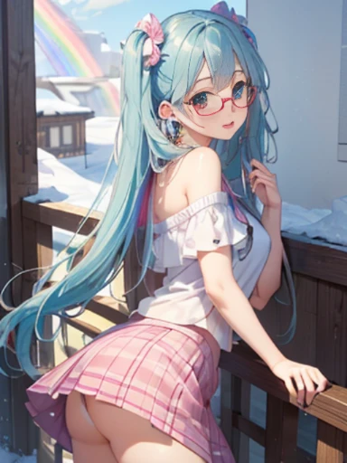 Take a photo from the front、snow country、The arrival of winter、big butt、 (alone:1.5,)Super detailed,bright colors, very beautiful detailed anime face and eyes, look straight, ;d, shiny_skin,girl, (((rainbow colored hair, colorful hair, Half blue、半分はpinkの髪: 1.2))) 、off shoulder、forehead is exposed.、green eyes、、shiny hair, delicate beautiful face, blush、(turquoise eyes), White skin, Valletta, mature earrings,、(Winter clothes）、（pink、slightly longer skirt、polka dot skirt）、long twin tails、Rimless Glasses、