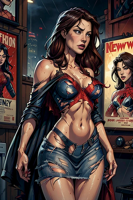 Amy Acker、マーベル・コミック映画のposter, very beautiful, movies about spiderman, sexy, whole body, I'm wearing a skirt、premiere date, poster、belly buttonを突き出す、new york、she's wearing a torn spiderman suit,the suit is torn、wearing a skirt、 red and black color scheme,dynamic、masterpiece、highest quality、super detailed、very detailed、Detailed beautiful shine、超A high resolution、cinematic,tear,teardrop,(torn clothes:1.5), (wet clothes:1.4), bare shoulders,real rain,wet hair,belly button、exposing skin、sexyな肩を見せてる