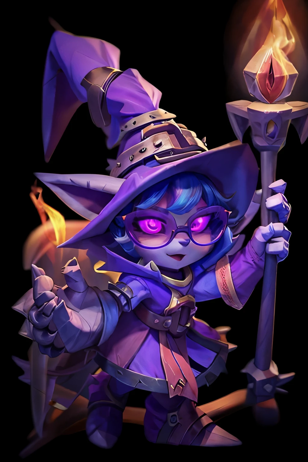 a female yordle from the video game League of Legends, with dark purple skin but not too dark, clear eyes, 2.5 feet tall, not very furry, with 4 fingers on each hand and foot, always with a knitted plushie of Veigar the yordle sorcerer, wearing glasses and a wizard's hat with flowers and flames, her outfit is light purple and red simulating flames, with a fringe towards the left covering one eye over the glasses, blue or light blue glasses, a dark blue bandana with thorn symbols around her neck, short ears with red fur inside, curly and short hair that is very light purple and fades to dark blue, with a sarcastic and evil attitude, for a d&d game