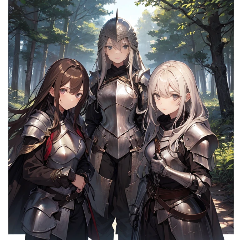 A group of female knight, (in forest), various hair styles, harem, wearing armored clothes, metal armor, night, details face, , trousers, seducing, sword, helmet