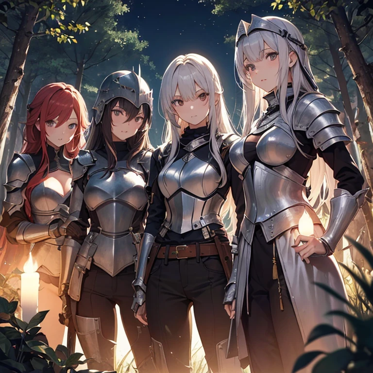 A group of female knight, (in forest), various hair styles, harem, wearing armored clothes, metal armor, night, details face, , trousers, seducing, sword, helmet