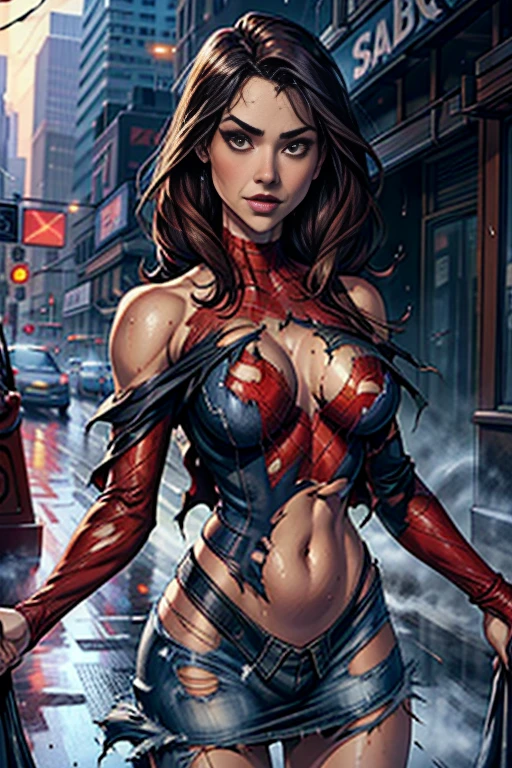 jessica alba、マーベル・コミック映画のposter, very beautiful, movies about spiderman, sexy, whole body, I'm wearing a skirt、premiere date, poster、belly buttonを突き出す、new york、she's wearing a torn spiderman suit,the suit is torn、wearing a skirt、 red and black color scheme,dynamic、masterpiece、highest quality、super detailed、very detailed、Detailed beautiful shine、超A high resolution、cinematic,tear,teardrop,(torn clothes:1.5), (wet clothes:1.4), bare shoulders,real rain,wet hair,belly button、exposing skin、sexyな肩を見せてる