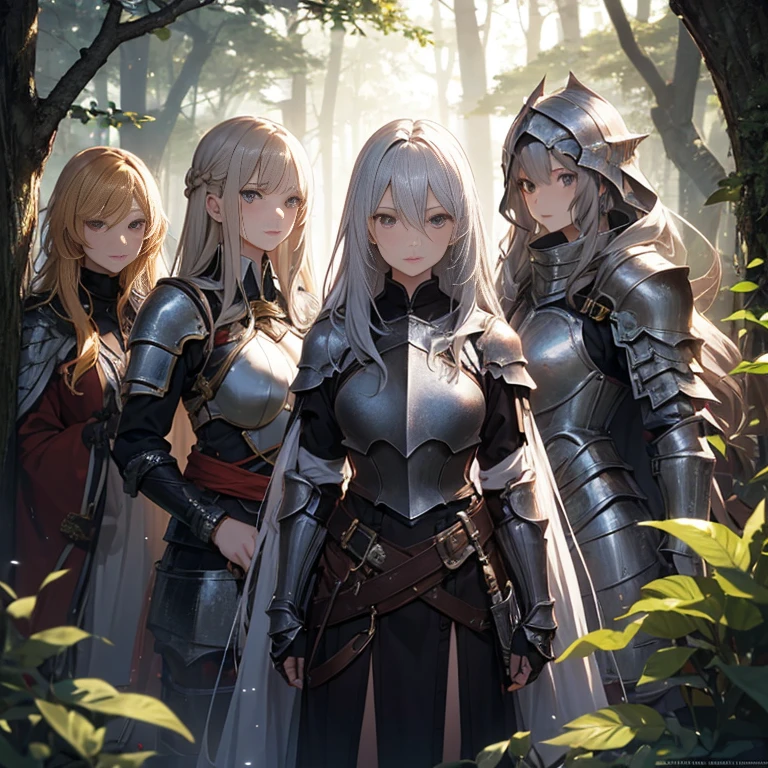 A group of female knight, (in forest), various hair styles, harem, wearing armored clothes, metal armor, night, details face, , trousers, seducing, sword