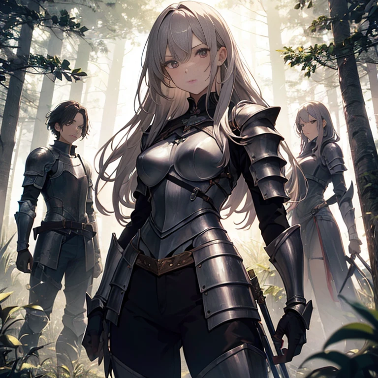 A group of  female knight, (in forest), various hair styles, harem, wearing armored clothes, metal armor, night, details face, , trousers, seducing, sword 
