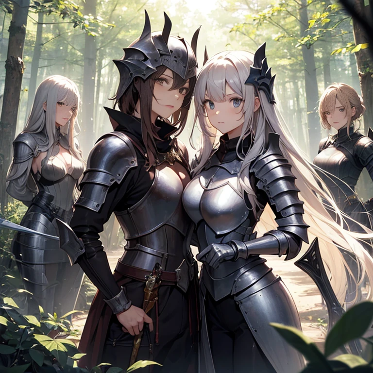 A group of female knight, (in forest), various hair styles, harem, wearing armored clothes, metal armor, night, details face, , trousers, seducing, sword, helmet