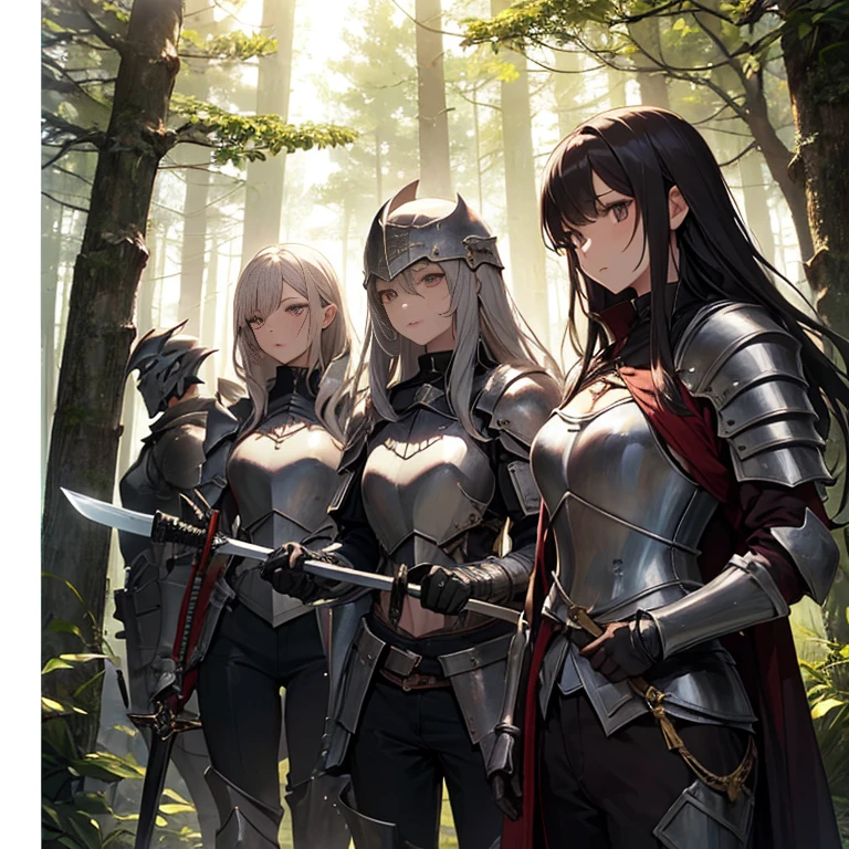 A group of female knight, (in forest), various hair styles, harem, wearing armored clothes, metal armor, night, details face, , trousers, seducing, sword, helmet