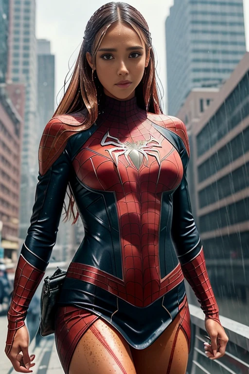 jessica alba、マーベル・コミック映画のposter, very beautiful, movies about spiderman, sexy, whole body, I'm wearing a skirt、premiere date, poster、belly buttonを突き出す、new york、she's wearing a torn spiderman suit,the suit is torn、wearing a skirt、 red and black color scheme,dynamic、masterpiece、highest quality、super detailed、very detailed、Detailed beautiful shine、超A high resolution、cinematic,tear,teardrop,(torn clothes:1.5), (wet clothes:1.4), bare shoulders,real rain,wet hair,belly button、exposing skin、sexyな肩を見せてる