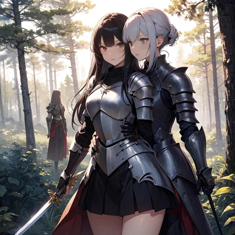 A group of  female knight, (in forest), various hair styles, harem, wearing armored clothes, metal armor, night, details face, , short skirt, seducing, sword 