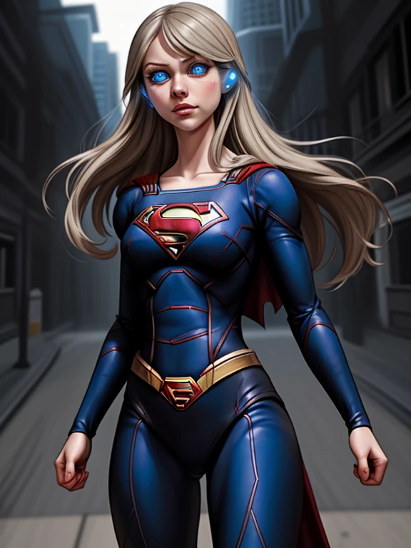 1/2 body shot,
Meslissa Benoist is evil black suit Supergirl,  wearing a digital earwig, glowing blue eyes, hypnotized, big eyes,
photorealistic, high quality, real_life,