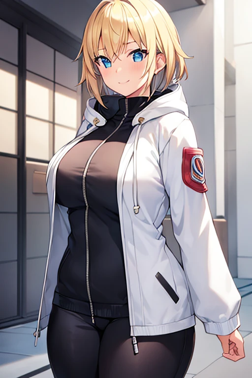 1girl, hood, jacket, hooded jacket, hood on, hood up, blonde hair, large breasts, breasts, wide hips, thick thighs, hourglass figure, white jacket, black shirt, shirt, very short hair, pants, black pants, smile, toned, toned female, urban, mature female, tall, tall female, arm down, hands down, arms down, hand down, cropped jacket, ((cropped jacket)), 2d, anime style, anime screencap, ((2d)), ((anime style)), ((anime screencap))