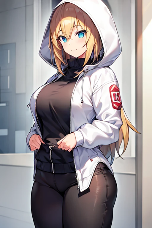 1girl, hood, jacket, hooded jacket, hood on, hood up, blonde hair, large breasts, breasts, wide hips, thick thighs, hourglass figure, white jacket, black shirt, shirt, very short hair, pants, black pants, smile, toned, toned female, urban, mature female, tall, tall female, arm down, hands down, arms down, hand down, cropped jacket, ((cropped jacket)), 2d, anime style, anime screencap, ((2d)), ((anime style)), ((anime screencap))