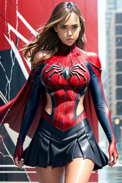 jessica alba、マーベル・コミック映画のposter, very beautiful, movies about spiderman, sexy, whole body, I'm wearing a skirt、premiere date, poster、belly buttonを突き出す、new york、she&#39;s wearing a torn spiderman suit,the suit is torn、wearing a skirt、 red and black color scheme,dynamic、masterpiece、highest quality、super detailed、very detailed、Detailed beautiful shine、超A high resolution、cinematic,tear,teardrop,(torn clothes:1.5), (wet clothes:1.4), bare shoulders,real rain,wet hair,belly button、exposing skin、sexyな肩を見せてる