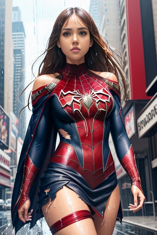 jessica alba、マーベル・コミック映画のposter, very beautiful, movies about spiderman, sexy, whole body, I'm wearing a skirt、premiere date, poster、belly buttonを突き出す、new york、she&#39;s wearing a torn spiderman suit,the suit is torn、wearing a skirt、 red and black color scheme,dynamic、masterpiece、highest quality、super detailed、very detailed、Detailed beautiful shine、超A high resolution、cinematic,tear,teardrop,(torn clothes:1.5), (wet clothes:1.4), bare shoulders,real rain,wet hair,belly button、exposing skin、sexyな肩を見せてる