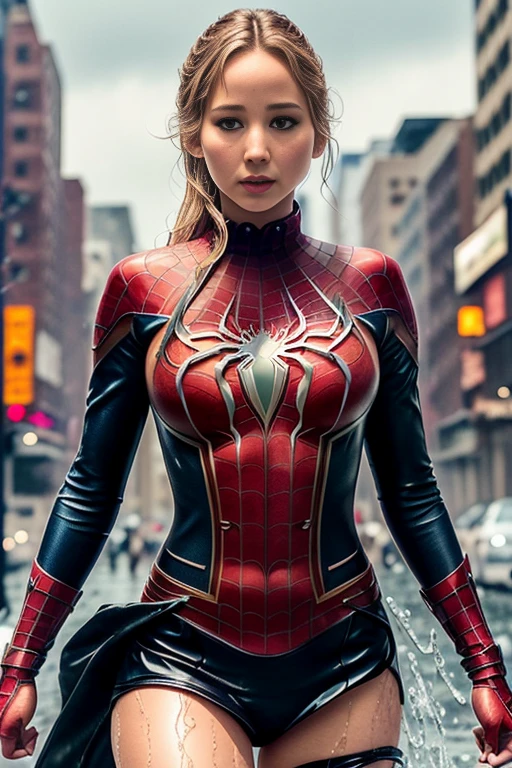 jennifer lawrence、マーベル・コミック映画のposter, very beautiful, movies about spiderman, sexy, whole body, I'm wearing a skirt、premiere date, poster、belly buttonを突き出す、new york、she's wearing a torn spiderman suit,the suit is torn、wearing a skirt、 red and black color scheme,dynamic、masterpiece、highest quality、super detailed、very detailed、Detailed beautiful shine、超A high resolution、cinematic,tear,teardrop,(torn clothes:1.5), (wet clothes:1.4), bare shoulders,real rain,wet hair,belly button、exposing skin、sexyな肩を見せてる