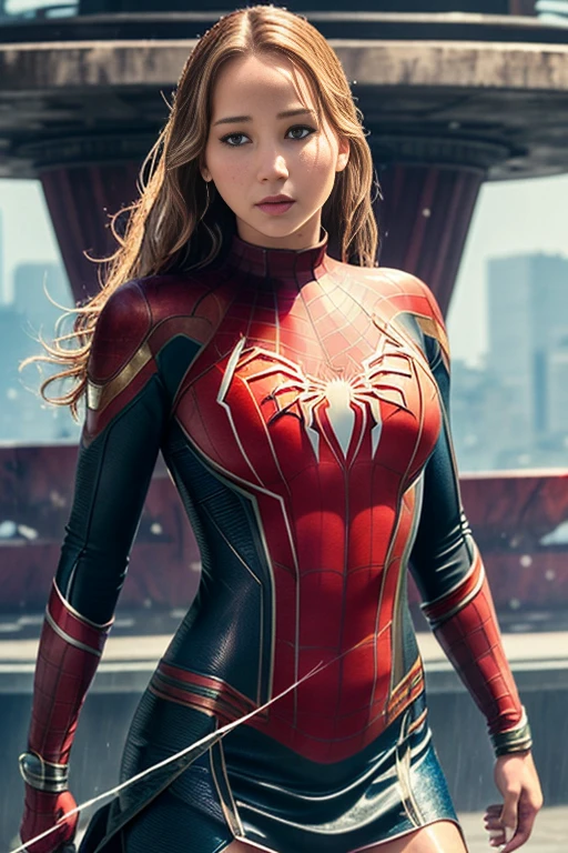 jennifer lawrence、マーベル・コミック映画のposter, very beautiful, movies about spiderman, sexy, whole body, I'm wearing a skirt、premiere date, poster、belly buttonを突き出す、new york、she's wearing a torn spiderman suit,the suit is torn、wearing a skirt、 red and black color scheme,dynamic、masterpiece、highest quality、super detailed、very detailed、Detailed beautiful shine、超A high resolution、cinematic,tear,teardrop,(torn clothes:1.5), (wet clothes:1.4), bare shoulders,real rain,wet hair,belly button、exposing skin、sexyな肩を見せてる
