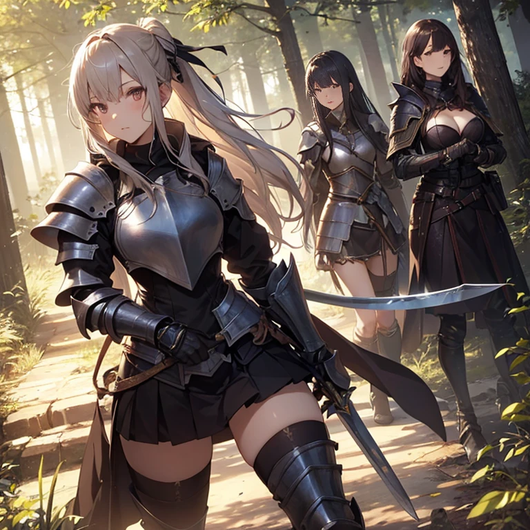 A group of female knight, (in forest), various hair styles, harem, wearing armored clothes, metal armor, night, details face, , short skirt, seducing, sword