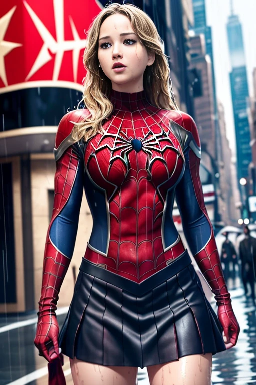 jennifer lawrence、マーベル・コミック映画のposter, very beautiful, movies about spiderman, sexy, whole body, I'm wearing a skirt、premiere date, poster、belly buttonを突き出す、new york、she&#39;s wearing a torn spiderman suit,the suit is torn、wearing a skirt、 red and black color scheme,dynamic、masterpiece、highest quality、super detailed、very detailed、Detailed beautiful shine、超A high resolution、cinematic,tear,teardrop,(torn clothes:1.5), (wet clothes:1.4), bare shoulders,real rain,wet hair,belly button、exposing skin、sexyな肩を見せてる