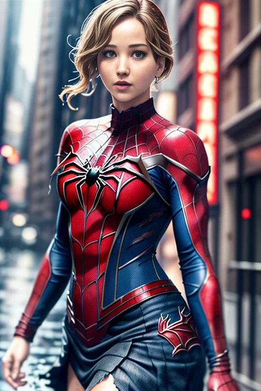 jennifer lawrence、マーベル・コミック映画のposter, very beautiful, movies about spiderman, sexy, whole body, I'm wearing a skirt、premiere date, poster、belly buttonを突き出す、new york、she&#39;s wearing a torn spiderman suit,the suit is torn、wearing a skirt、 red and black color scheme,dynamic、masterpiece、highest quality、super detailed、very detailed、Detailed beautiful shine、超A high resolution、cinematic,tear,teardrop,(torn clothes:1.5), (wet clothes:1.4), bare shoulders,real rain,wet hair,belly button、exposing skin、sexyな肩を見せてる