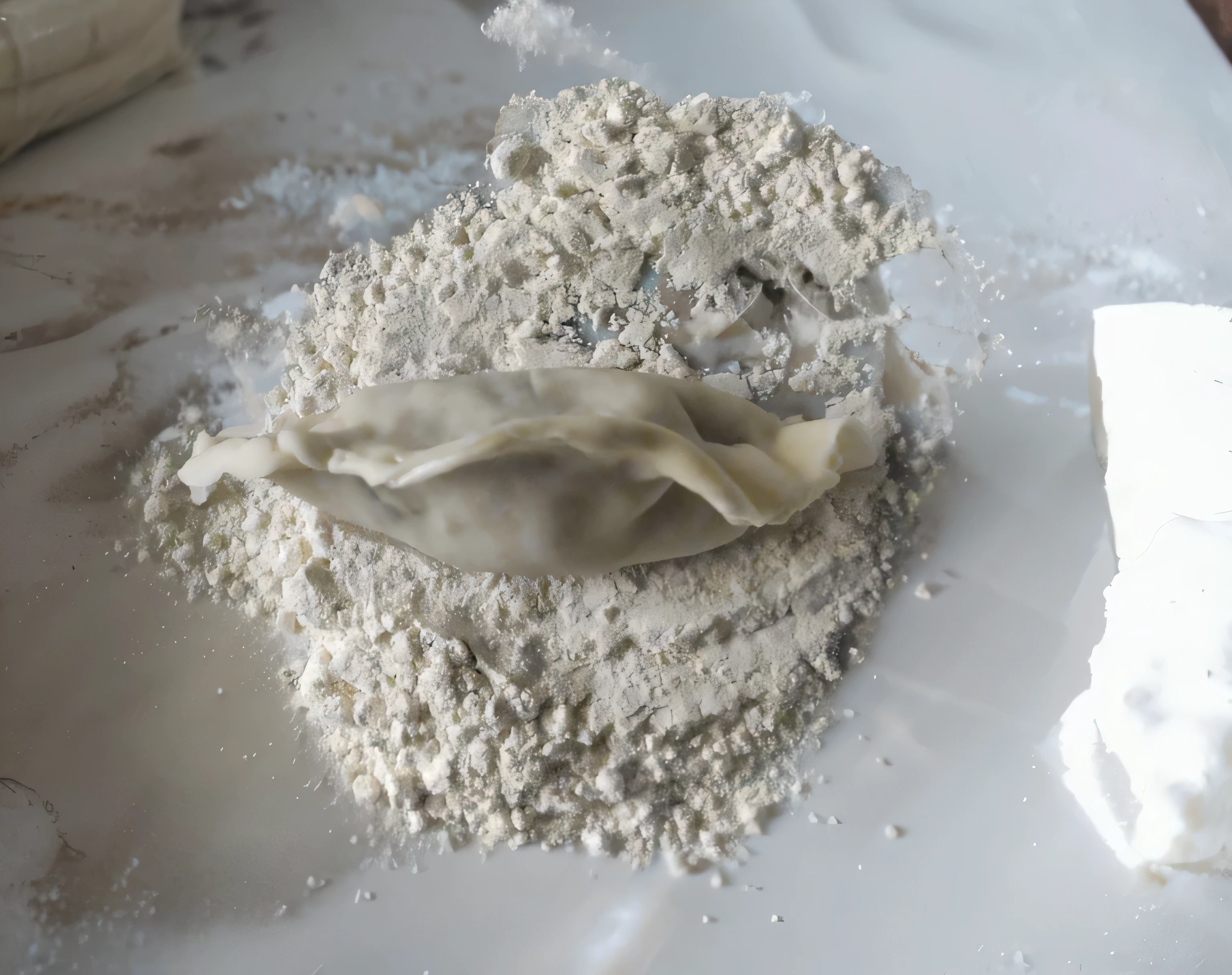 there is a dumpling on a plate with a lot of flour, covered in white flour, flour dust, momoshiki ōtsutsuki, white clay, dough sculpture, flour dust flying, wet clay, bao phan, bao pnan, daoshu, powder, flour dust spray, battered, qiangshu, oregon, straining