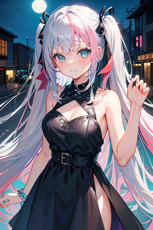 (rainbow colored hair, colorful hair, half silver、half pink hair: 1.2), ,long hair、(Cinematic digital artwork: 1.3), high quality, table top, Turquoise eyes、最high qualityの, Super detailed, figure, [4K digital art]!!、 Kyoto animation style, one woman, clavicleの美しさ, clavicle, light, want, blue sky, positive, Dead leaves dance、full moon、On a tree-lined street、taking a walk、((black、transparent silver dress sedan sexy clothes))、（（Scarlet、Polka dot unset, motivation, shine, dynamic perspective、Blue glasses、Green ribbon、twin tails、embarrassed face、cute face、happy face