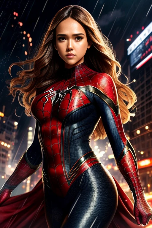 jessica alba、マーベル・コミック映画のposter, very beautiful, movies about spiderman, sexy, whole body, I'm wearing a skirt、premiere date, poster、belly buttonを突き出す、new york、she's wearing a torn spiderman suit,the suit is torn、wearing a skirt、 red and black color scheme,dynamic、masterpiece、highest quality、super detailed、very detailed、Detailed beautiful shine、超A high resolution、cinematic,tear,teardrop,(torn clothes:1.5), (wet clothes:1.4), bare shoulders,real rain,wet hair,belly button、exposing skin、sexyな肩を見せてる