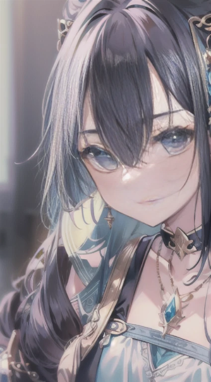 1女of子, armor, black_hair, blurry, blurry_background, blurry_prospect, chest, green_eye, closed_mouth, depth_of_field, earrings, jewelry, length_hair, looking for_in_viewer, smile, 一人in, upper_body