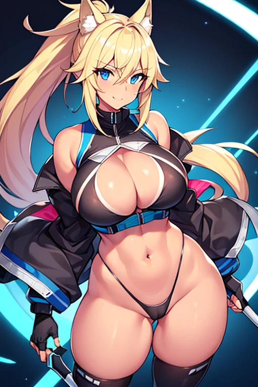1girl, large breasts, breasts, thick thighs, wide hips, wolf ears, wolf tail, blonde hair, tan skin, tan body, tan, toned, toned female, gloves, fingerless gloves, black jacket, jacket, sports bra, sportswear, blue neon trim, blue trim, highleg panties, neon trim, neon, machinery, futuristic, light smile, cutout, mature female, ponytail, long ponytail, cameltoe, pointy hair, spiked hair, blue eyes