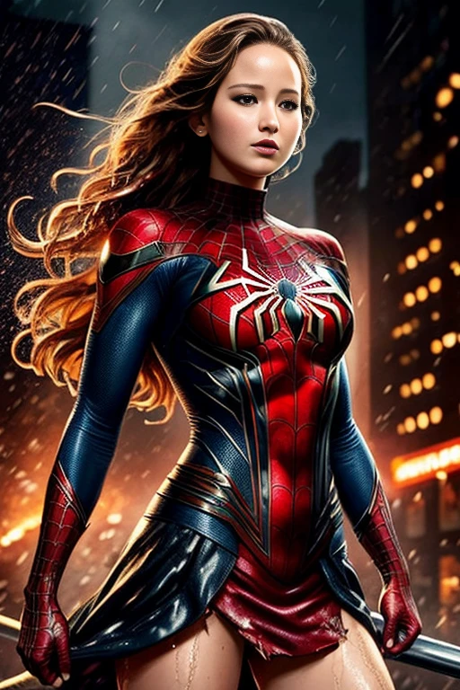 jennifer lawrence、マーベル・コミック映画のposter, very beautiful, movies about spiderman, sexy, whole body, I'm wearing a skirt、premiere date, poster、belly buttonを突き出す、new york、she's wearing a torn spiderman suit,the suit is torn、wearing a skirt、 red and black color scheme,dynamic、masterpiece、highest quality、super detailed、very detailed、Detailed beautiful shine、超A high resolution、cinematic,tear,teardrop,(torn clothes:1.5), (wet clothes:1.4), bare shoulders,real rain,wet hair,belly button、exposing skin、sexyな肩を見せてる